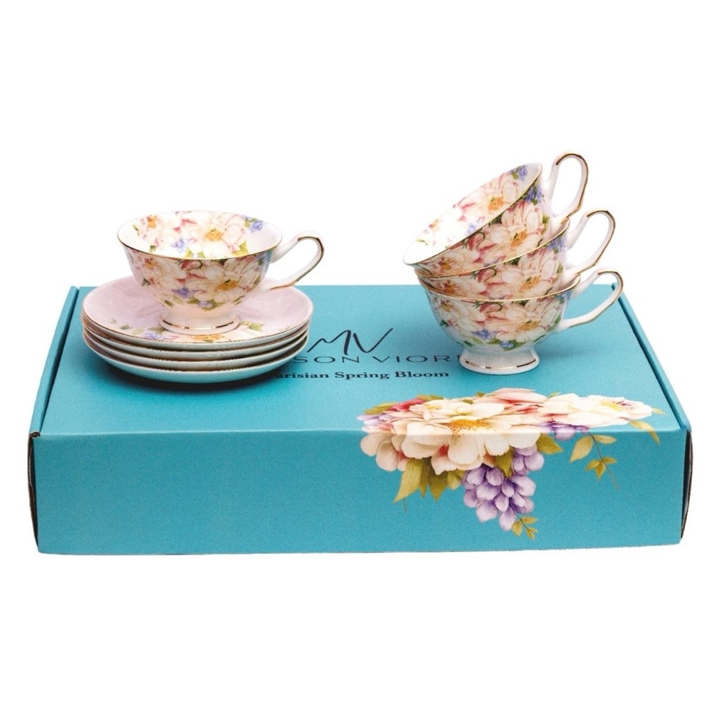 Maison Viore Parisian Spring Bloom Coffee Cup and Saucer Set of 4 Pink
